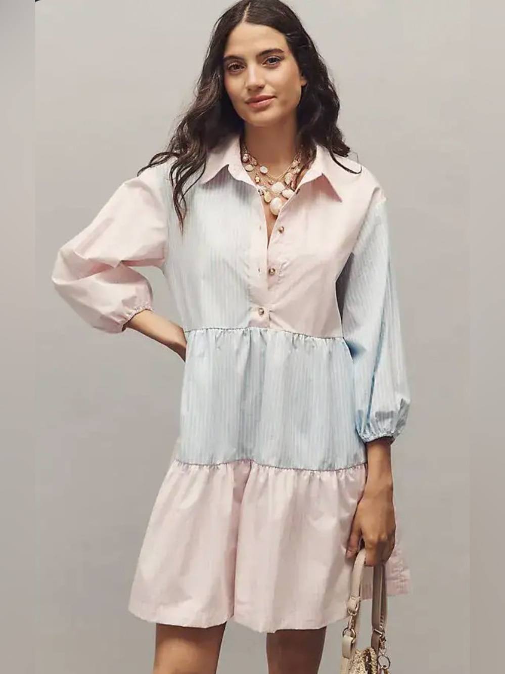 Anthropologie Size Large The Bettina Striped Mixed Tiered Shirt Dress